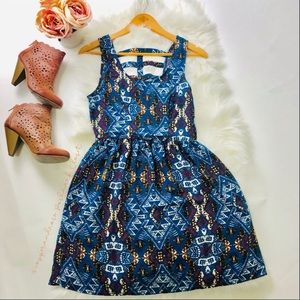 Aztec Printed Fit and Flare Caged-Back Dress